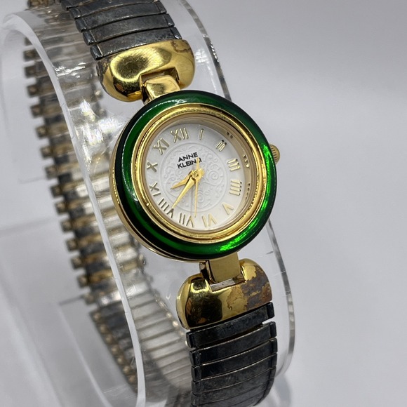 Anne Klein II Quartz Women's Watch Green Bezel Stretch Band- New Battery - Picture 1 of 7